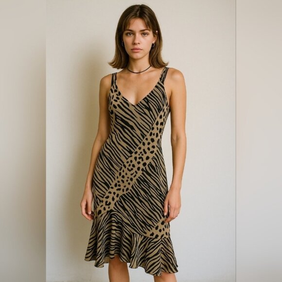 Vintage Y2K 90s Daniel Laurent Midi Slip Dress Size M Ruffle Animal Print Beaded - Picture 1 of 6
